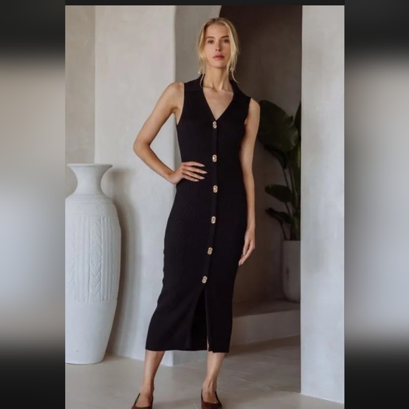 Skies Are Blue Dresses & Skirts - Boutique Skies Are Blue Ribbed Gold Button Midi Dress Black Small Miami O'clock